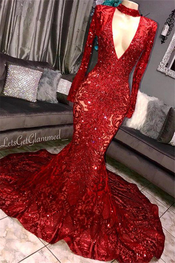 Elegant Red V-Neck Long Sleeves Appliques Sequined Prom Dress-BallBride