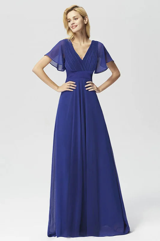 Elegant Short Sleeve Chiffon Evening Dress Ruffles Long Prom Gowns-BallBride