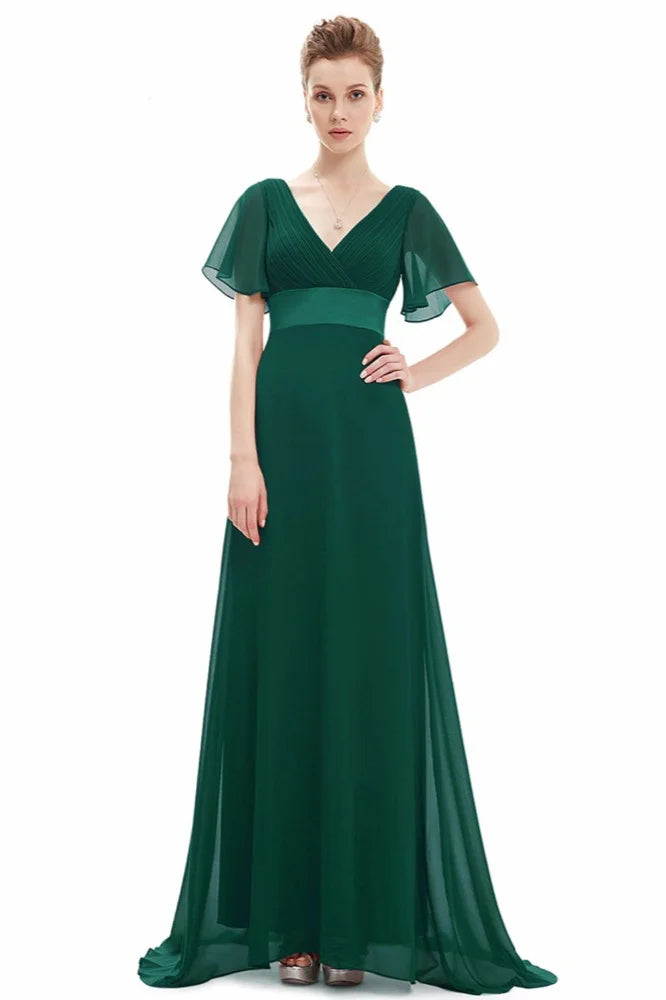 Elegant Short Sleeve Chiffon Evening Dress Ruffles Long Prom Gowns-BallBride