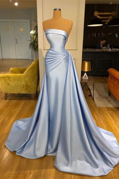 Elegant Sky Blue Long Mermaid Strapless Evening Prom Dress With Ruffle-BallBride