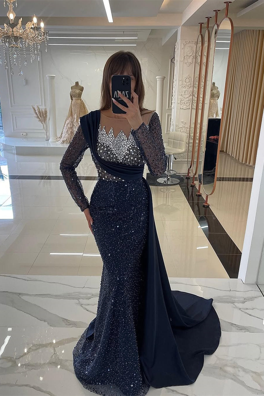 Elegant Sky Blue Mermaid Long Sleeves Sequin Floor length Prom Dresses-BallBride