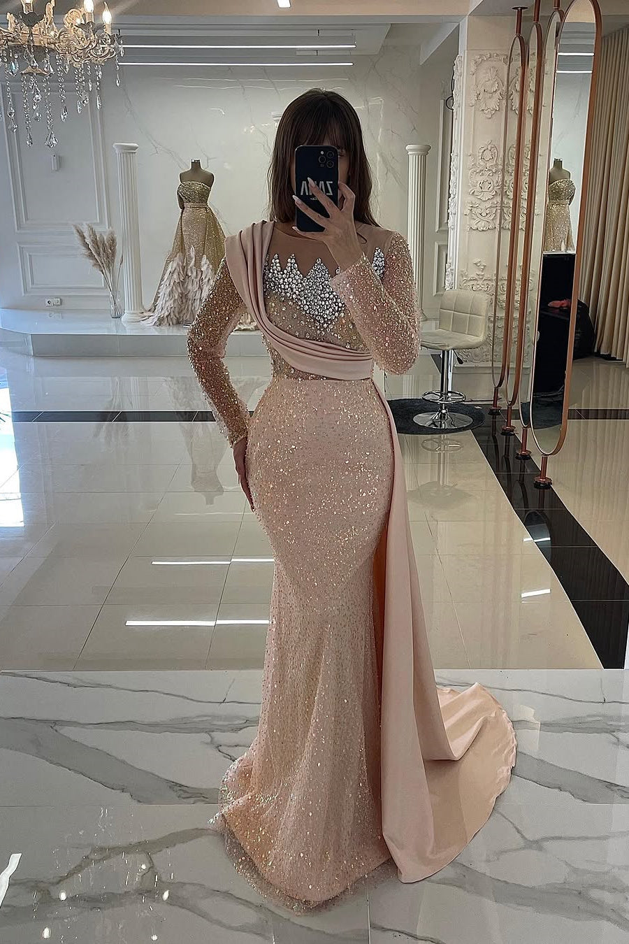 Elegant Sky Blue Mermaid Long Sleeves Sequin Floor length Prom Dresses-BallBride