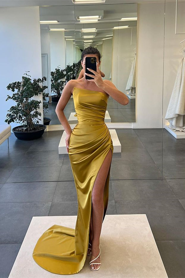 Elegant Sleeveless Mermaid Strapless Evening Dress with Long Slit-BallBride