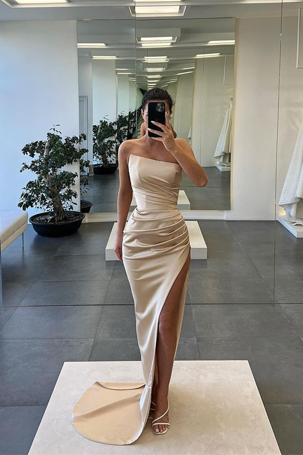 Elegant Sleeveless Mermaid Strapless Evening Dress with Long Slit-BallBride