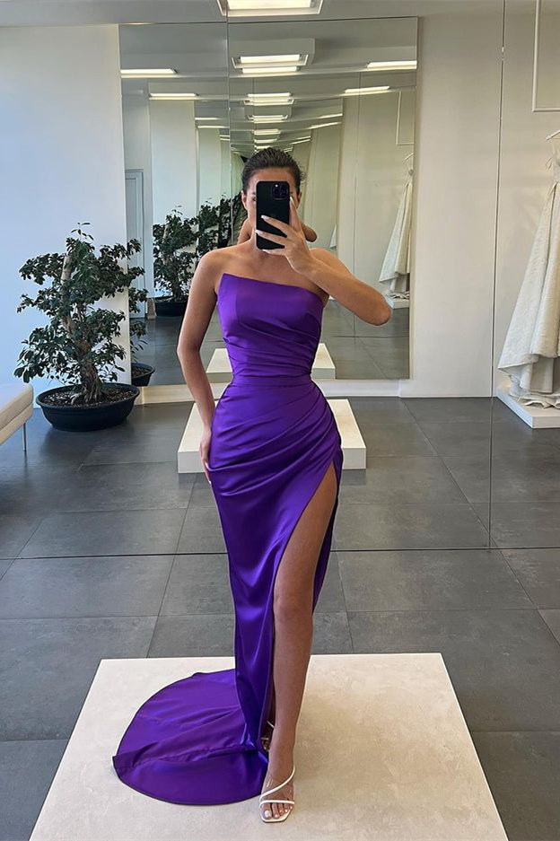 Elegant Sleeveless Mermaid Strapless Evening Dress with Long Slit-BallBride
