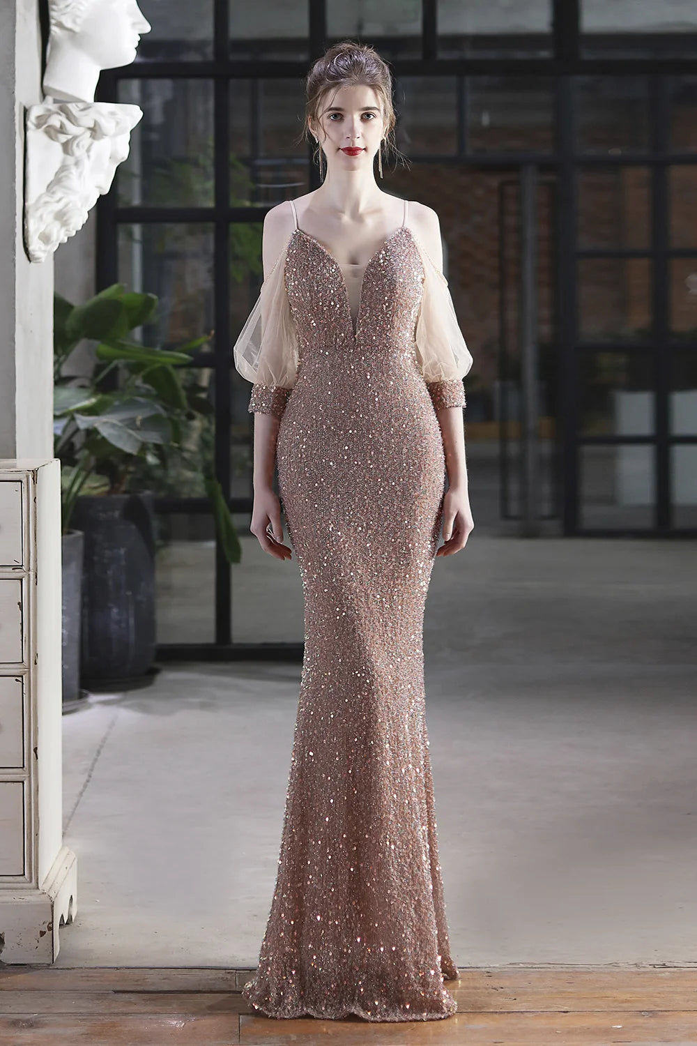 Elegant Spaghetti-Straps V-Neck Sequined Evening Formal Dress Mermaid With Bubble Tulle Sleeves-BallBride