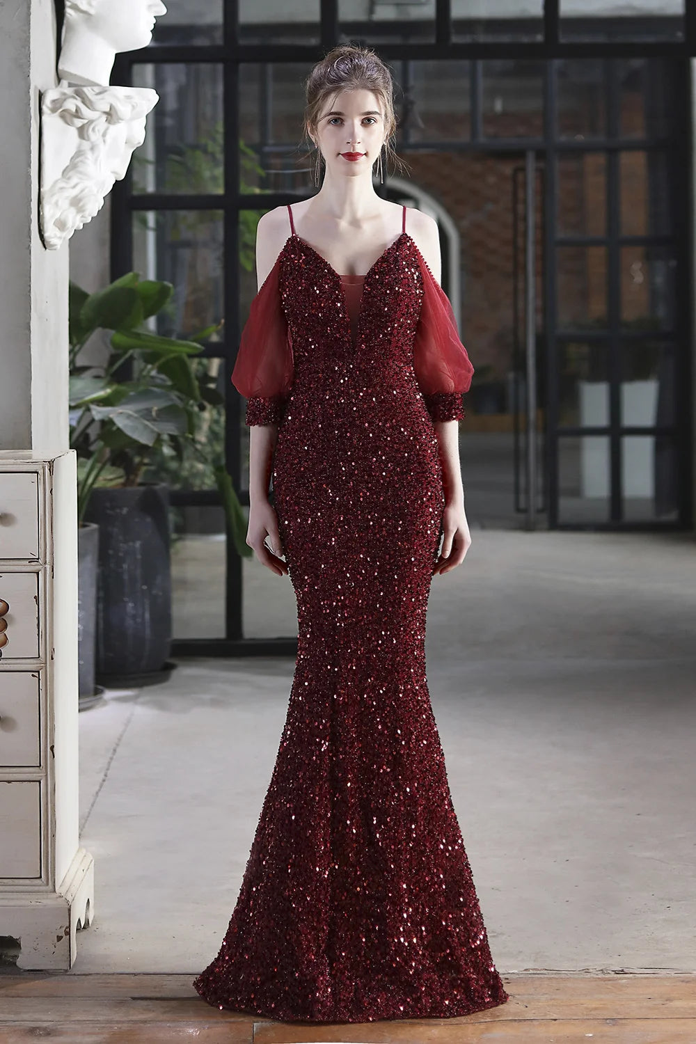 Elegant Spaghetti-Straps V-Neck Sequined Evening Formal Dress Mermaid With Bubble Tulle Sleeves-BallBride