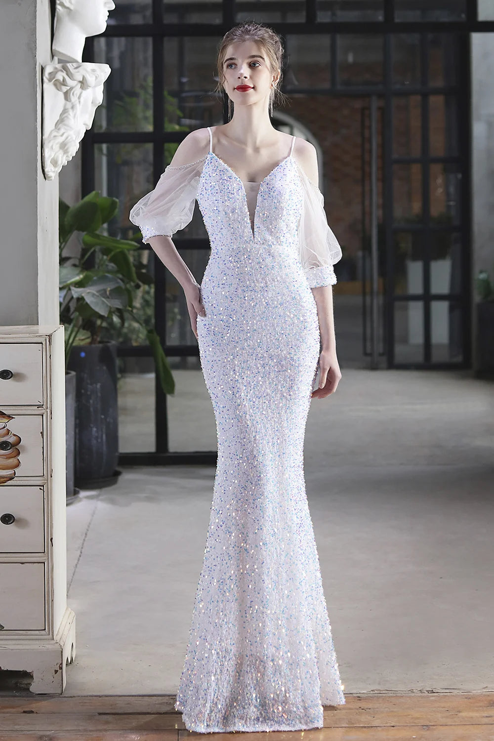 Elegant Spaghetti-Straps V-Neck Sequined Evening Formal Dress Mermaid With Bubble Tulle Sleeves-BallBride