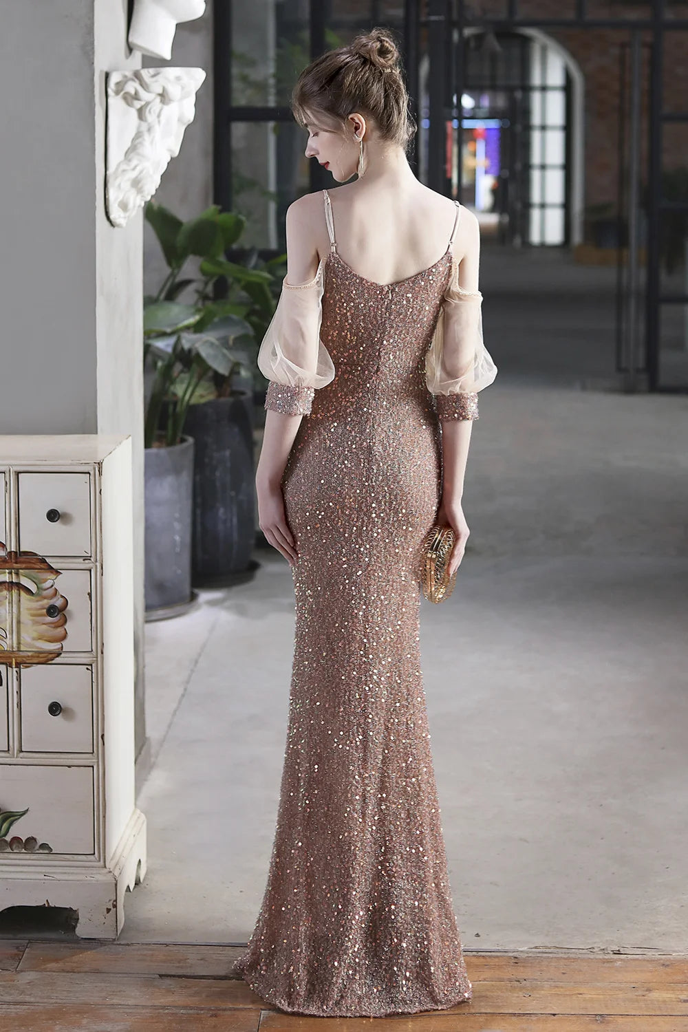 Elegant Spaghetti-Straps V-Neck Sequined Evening Formal Dress Mermaid With Bubble Tulle Sleeves-BallBride