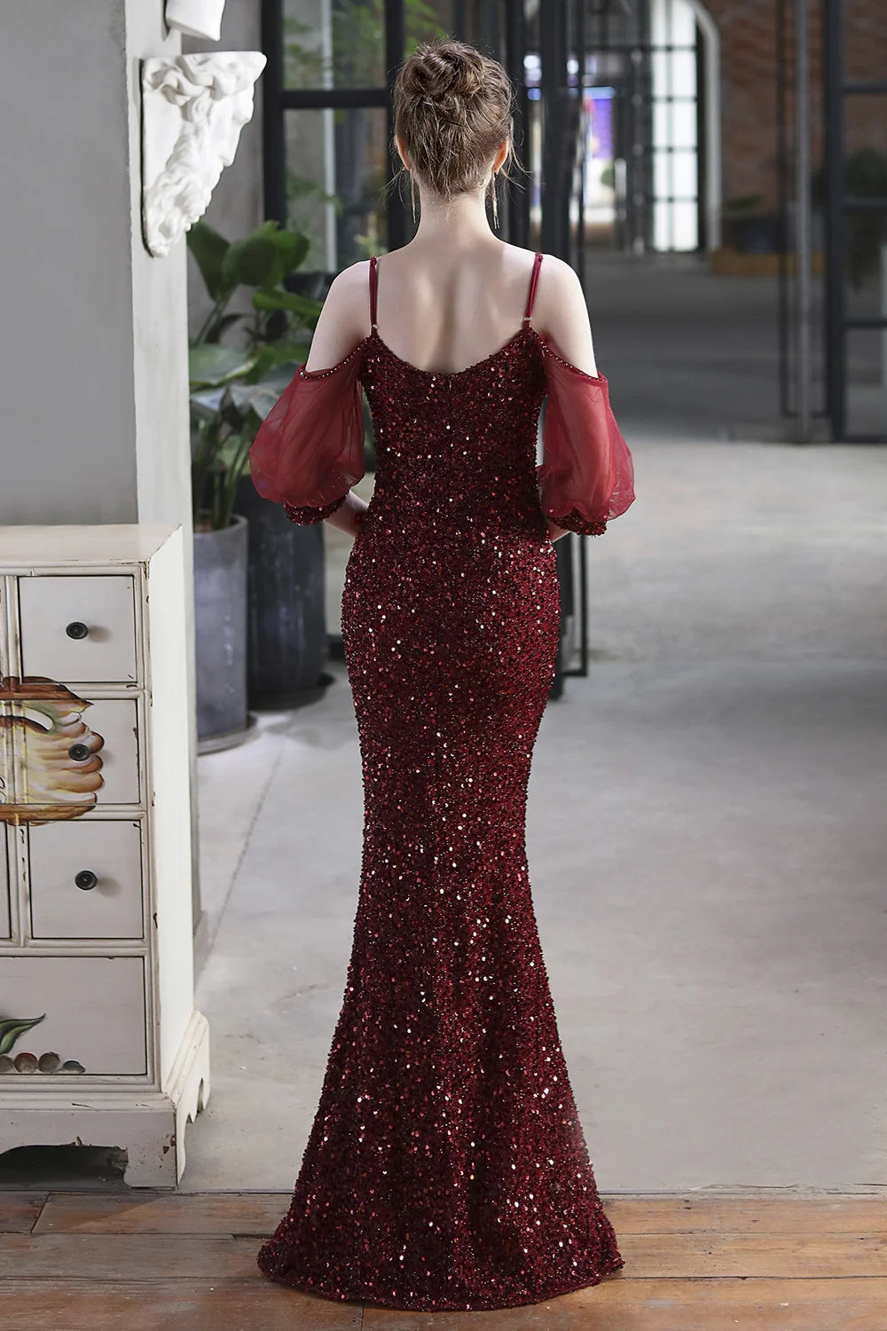 Elegant Spaghetti-Straps V-Neck Sequined Evening Formal Dress Mermaid With Bubble Tulle Sleeves-BallBride