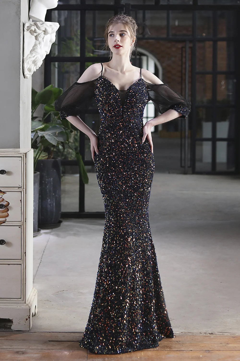 Elegant Spaghetti-Straps V-Neck Sequined Evening Formal Dress Mermaid With Bubble Tulle Sleeves-BallBride