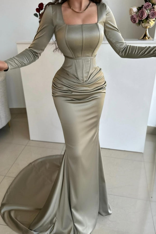 Elegant Square Neckline Long Sleeves Long Mermaid Prom Dress with Ruffles-BallBride