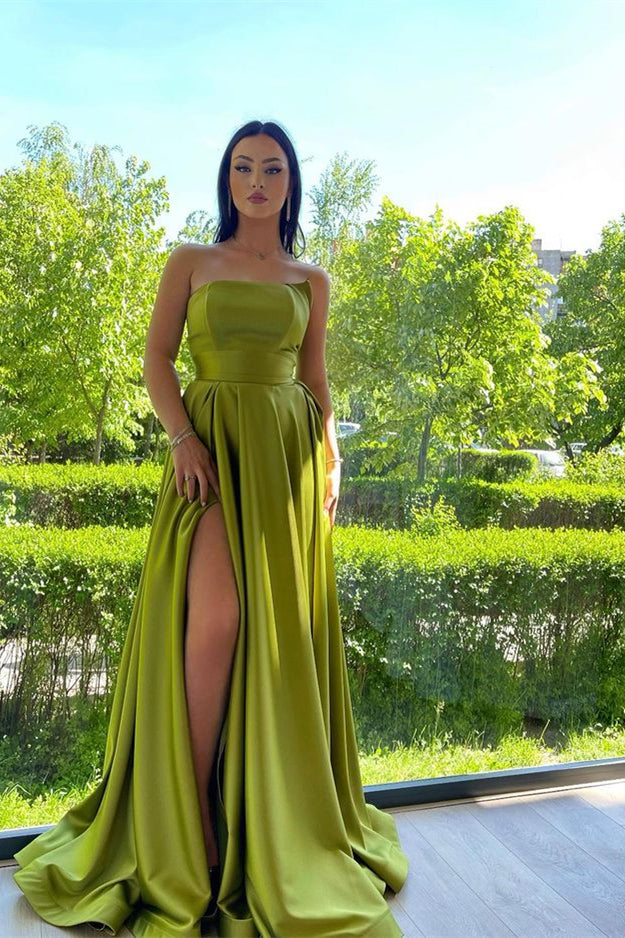 Elegant Strapless A-Line Green Prom Dress With Split-BallBride