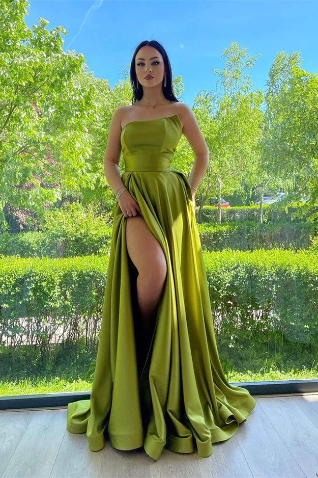 Elegant Strapless A-Line Green Prom Dress With Split-BallBride