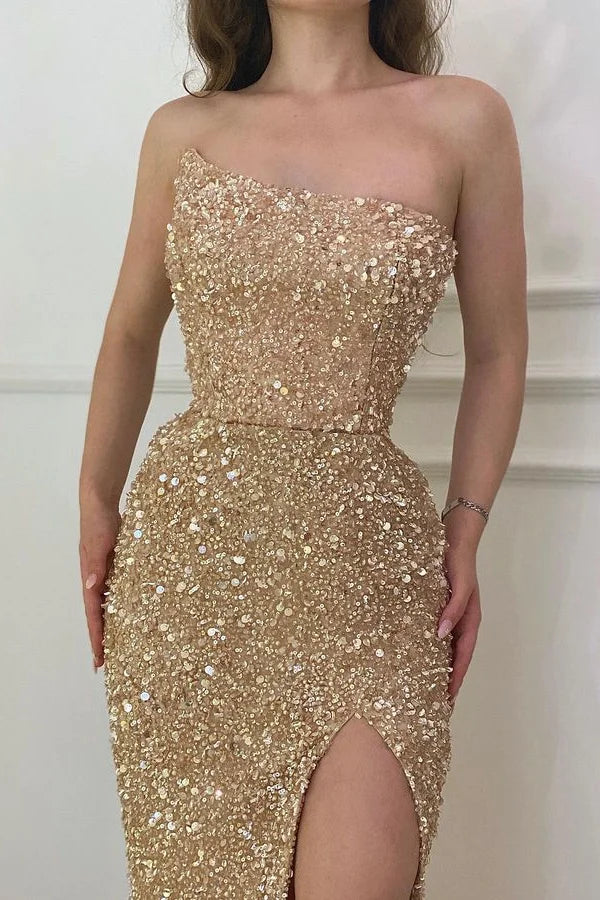 Elegant Strapless Sequins Evening Party Dress Mermaid Slit Long Holiday Dress-BallBride