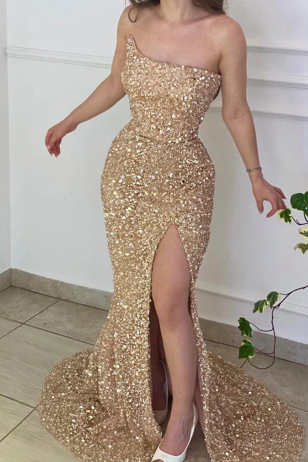 Elegant Strapless Sequins Evening Party Dress Mermaid Slit Long Holiday Dress-BallBride