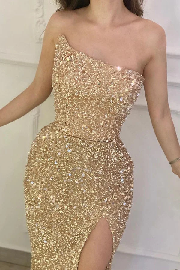 Elegant Strapless Sequins Evening Party Dress Mermaid Slit Long Holiday Dress-BallBride