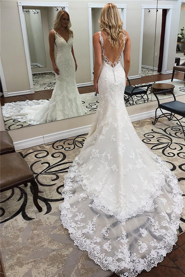 Elegant Straps V-Neck Backless Mermaid Wedding Dress with Appliques-BallBride