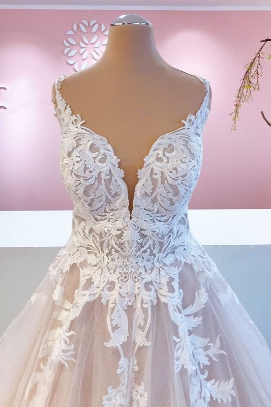 Elegant Sweetheart Backless A-Line Wedding Dress with Appliques Lace Tulle-BallBride