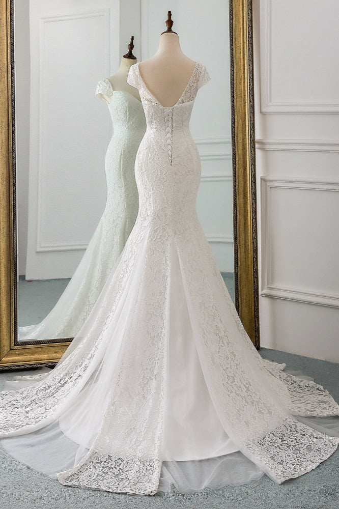 Elegant Sweetheart Lace Long Mermaid Wedding Dress with Cap-Sleeves-BallBride