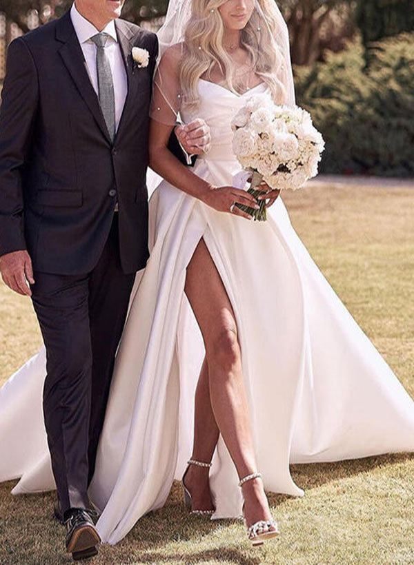 Elegant Sweetheart Satin Sweep Train Wedding Dresses Split Front-Ballbride