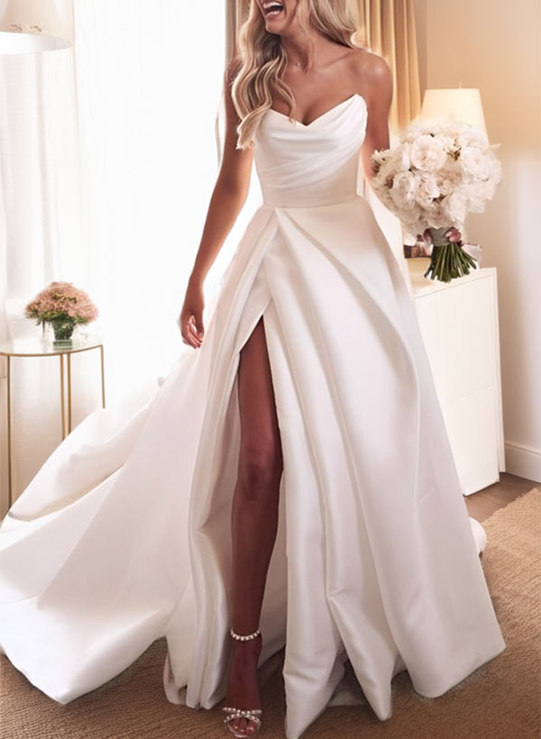Elegant Sweetheart Satin Sweep Train Wedding Dresses Split Front-Ballbride