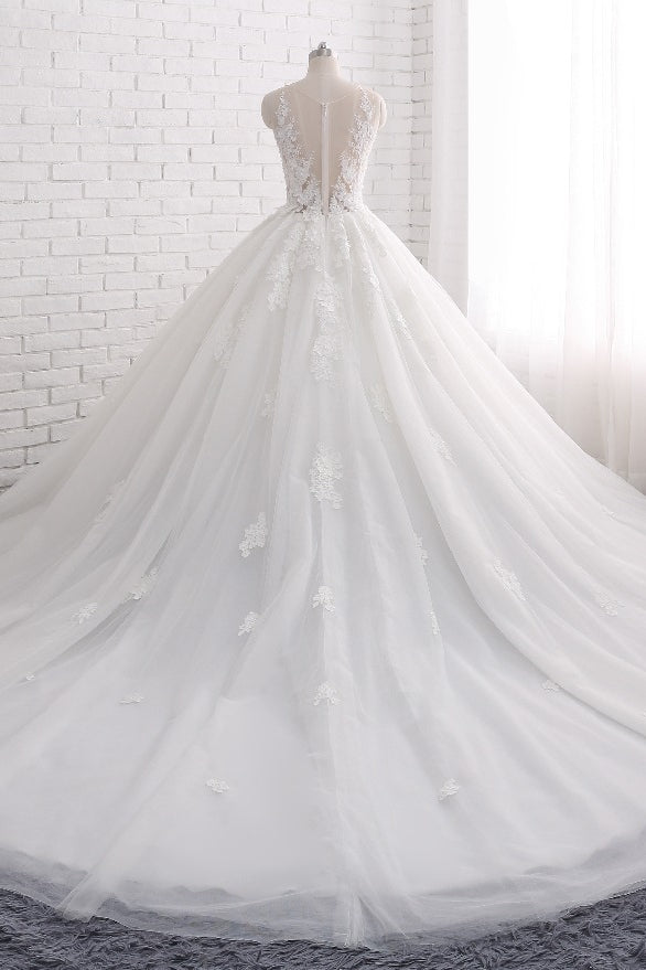 Elegant Tulle Train Wedding Dress With Appliques Lace-BallBride