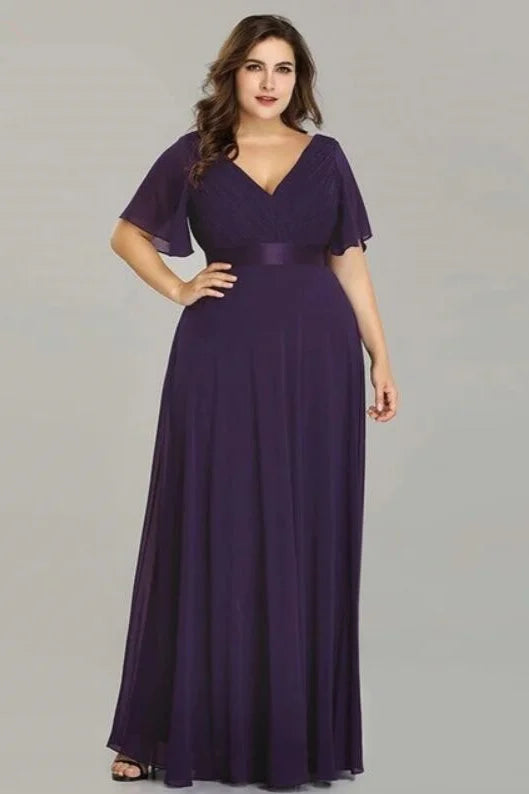 Elegant V-Neck Plus Size Chiffon Evening Dress With Short Sleeves-BallBride