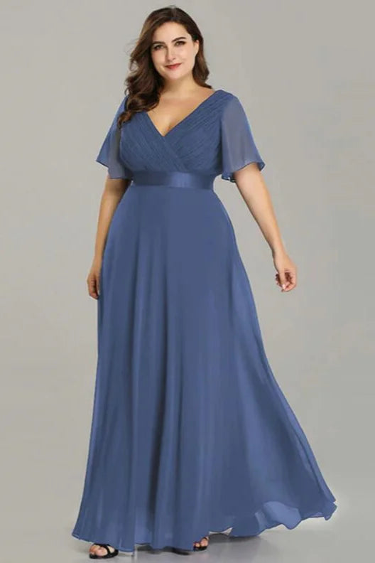Elegant V-Neck Plus Size Chiffon Evening Dress With Short Sleeves-BallBride