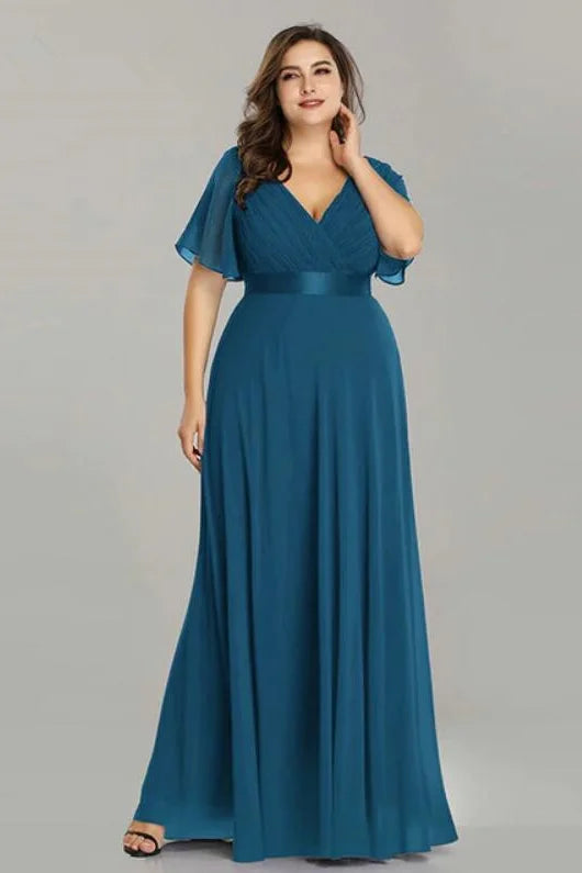 Elegant V-Neck Plus Size Chiffon Evening Dress With Short Sleeves-BallBride