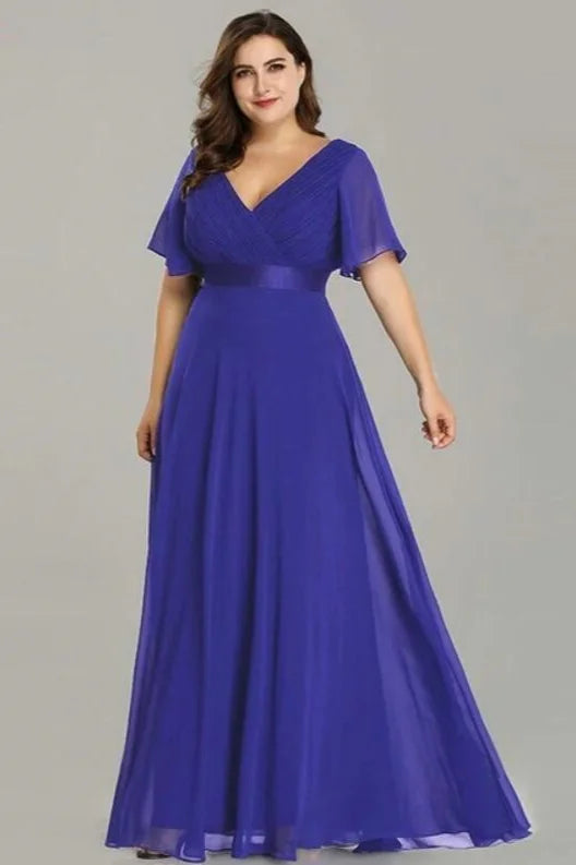 Elegant V-Neck Plus Size Chiffon Evening Dress With Short Sleeves-BallBride