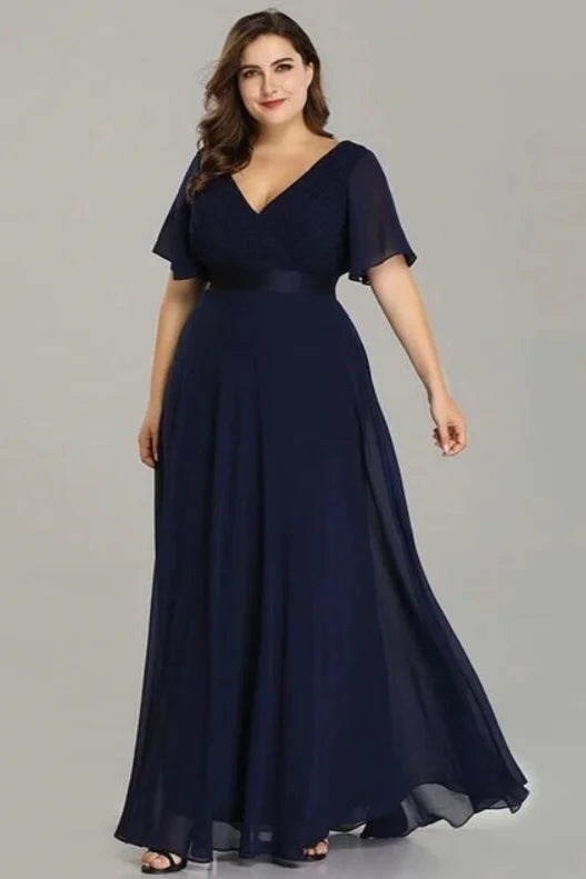 Elegant V-Neck Plus Size Chiffon Evening Dress With Short Sleeves-BallBride