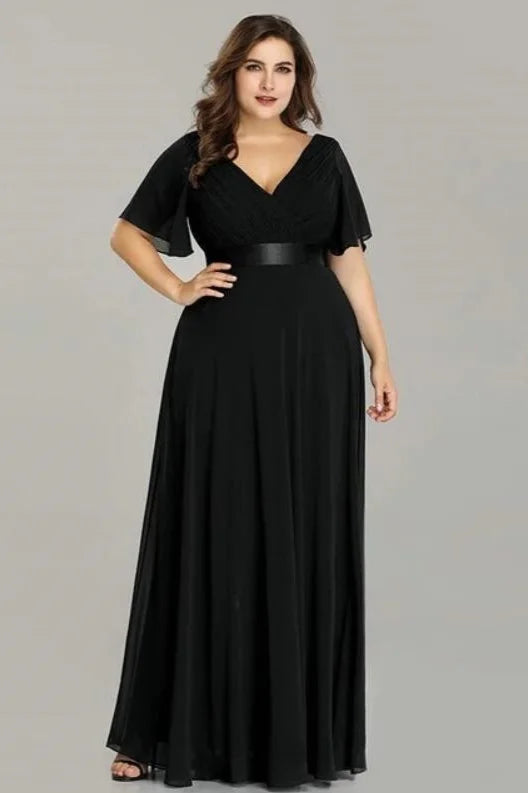 Elegant V-Neck Plus Size Chiffon Evening Dress With Short Sleeves-BallBride
