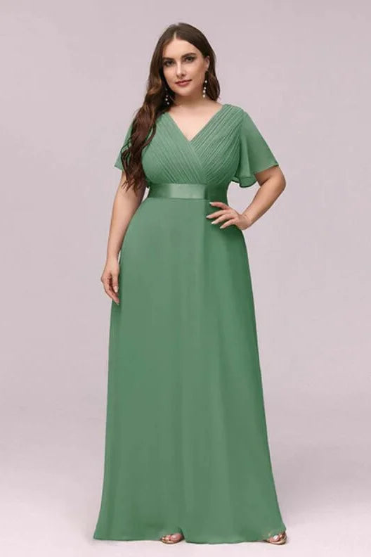 Elegant V-Neck Plus Size Chiffon Evening Dress With Short Sleeves-BallBride