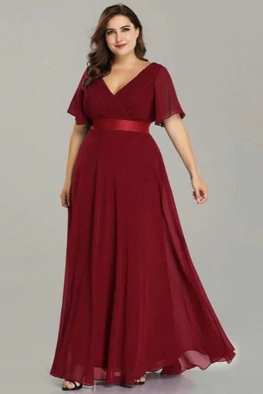Elegant V-Neck Plus Size Chiffon Evening Dress With Short Sleeves-BallBride