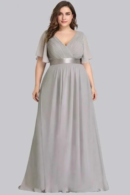 Elegant V-Neck Plus Size Chiffon Evening Dress With Short Sleeves-BallBride
