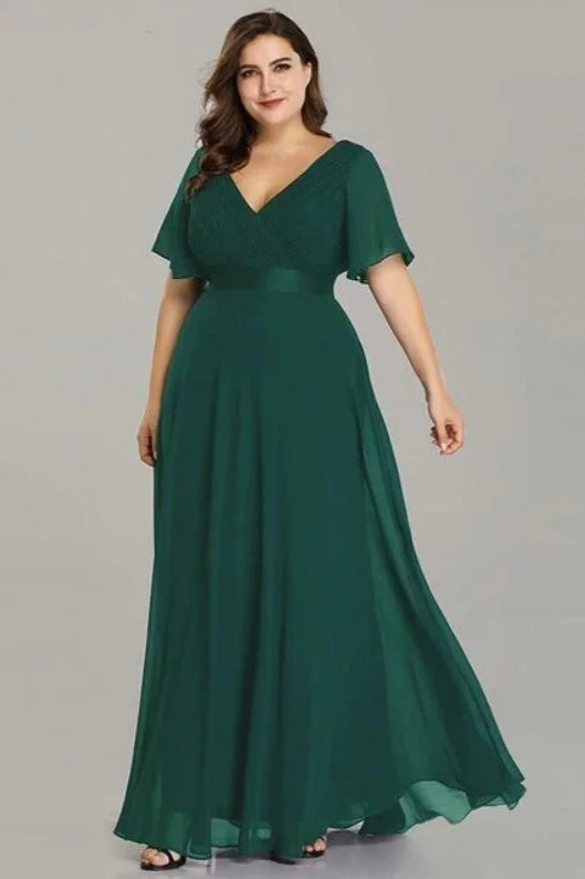 Elegant V-Neck Plus Size Chiffon Evening Dress With Short Sleeves-BallBride