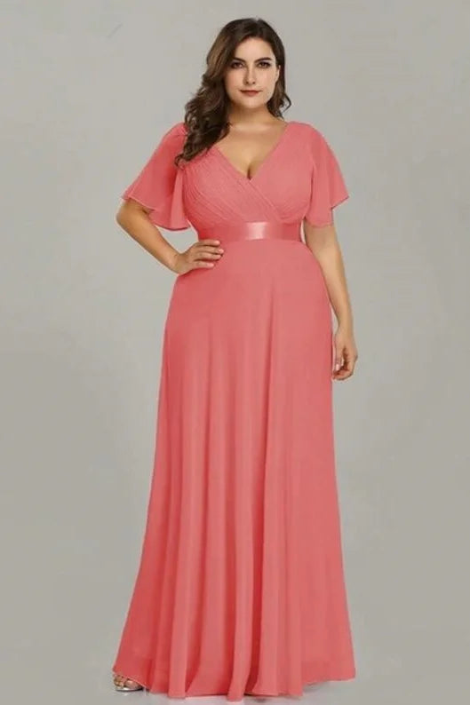 Elegant V-Neck Plus Size Chiffon Evening Dress With Short Sleeves-BallBride