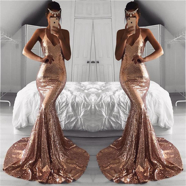 Elegant V-Neck Sequins Sleeveless Evening Dress-BallBride