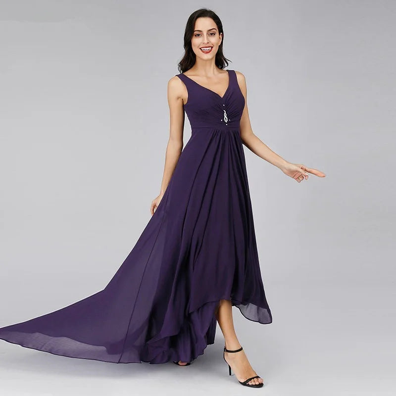 Elegant V-Neck Sleeveless Chiffon Long Evening Gowns-BallBride
