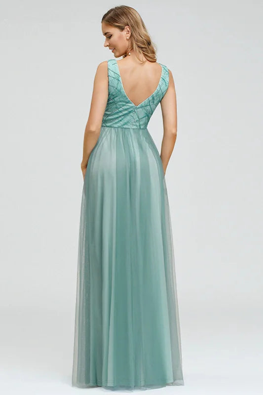 Elegant V-Neck Sleeveless Long Evening Gowns Tulle With Appliques-BallBride