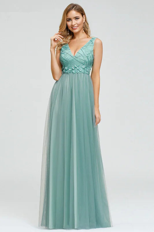 Elegant V-Neck Sleeveless Long Evening Gowns Tulle With Appliques-BallBride