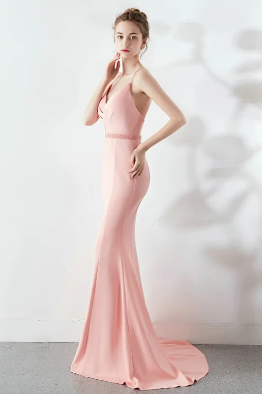 Elegant V-Neck Spaghetti-Straps Prom Dress Long Mermaid Slit Evening Gowns-BallBride