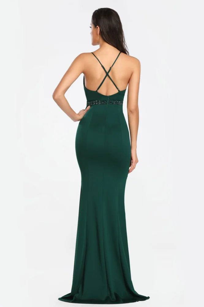 Elegant V-Neck Spaghetti-Straps Prom Dress Long Mermaid Slit Evening Gowns-BallBride