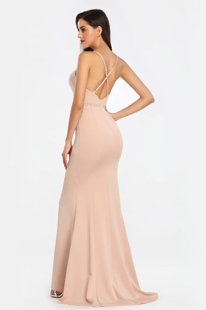 Elegant V-Neck Spaghetti-Straps Prom Dress Long Mermaid Slit Evening Gowns-BallBride