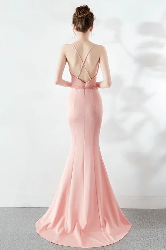 Elegant V-Neck Spaghetti-Straps Prom Dress Long Mermaid Slit Evening Gowns-BallBride