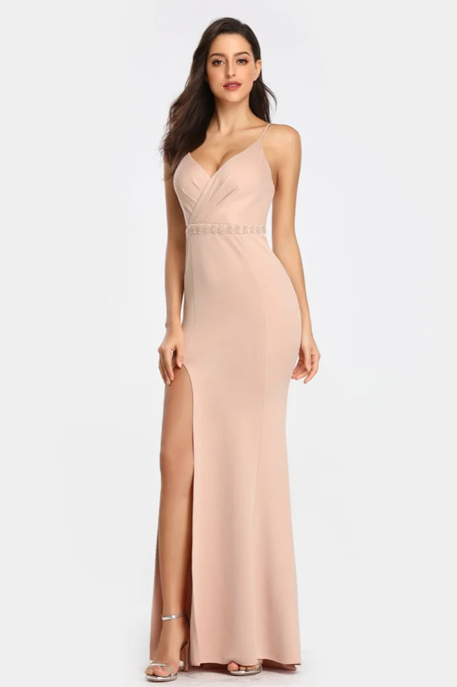 Elegant V-Neck Spaghetti-Straps Prom Dress Long Mermaid Slit Evening Gowns-BallBride