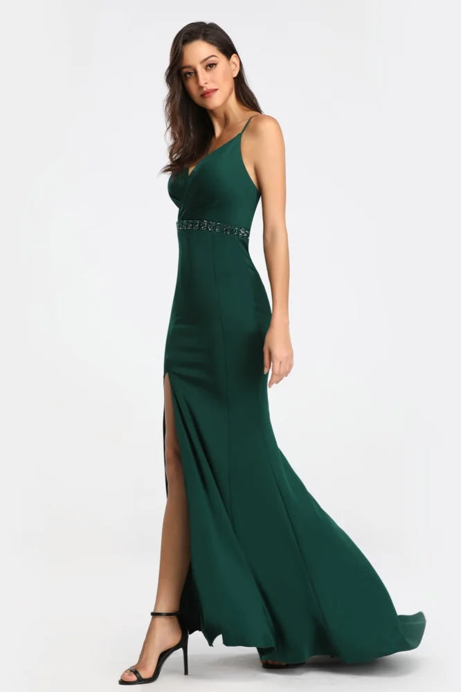 Elegant V-Neck Spaghetti-Straps Prom Dress Long Mermaid Slit Evening Gowns-BallBride