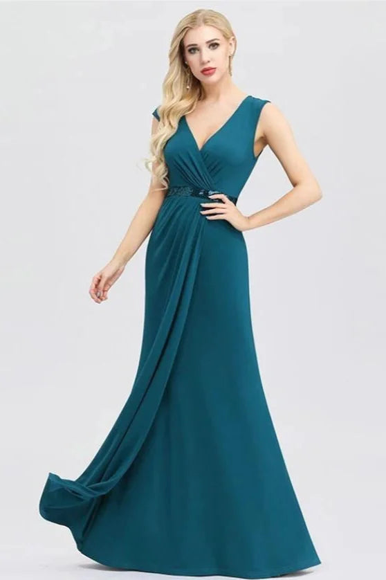 Elegant V-Neck Teal Sleeveless Prom Dress Long Sequins Evening Party Gowns Online-BallBride