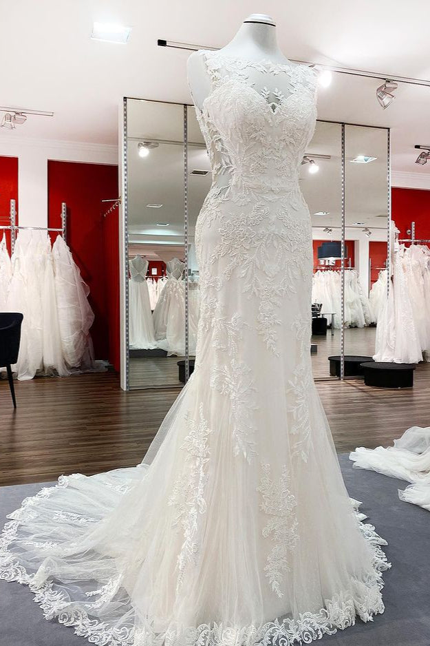 Elegant White Long Mermaid Wedding Dress with Tulle Lace-BallBride